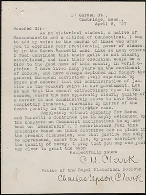Charles U. Clark typed letter signed to [Alvan T. Fuller], Cambridge, Mass., April 8, 1927