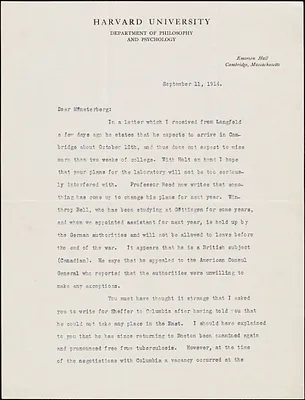 Perry, Ralph Barton, 1876-1957 typed letter signed to Hugo Münsterberg, Cambridge, Mass., 11 September 1914