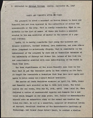 Chicago Tribune typescript of editorial, [Boston, Mass.], September 28, 1947: Sacco and Vanzetti after 20 years