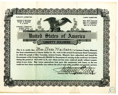 Liberty Soldiers Participation Certificate for Bess Wallace