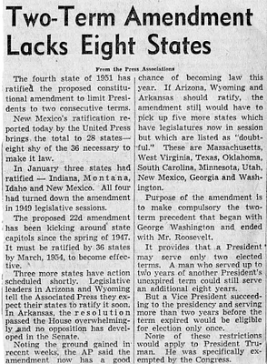 Newspaper Article, Two Term Amendment Lacks Eight States