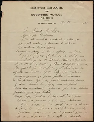 Enrique Cerro (Centro Español de Socorros Mutuos) autograph letter signed, in Spanish, to Frank Lopez, Montpelier, VT., December 18, 1920