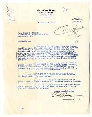 Letter from Paul Gauer to President Harry S. Truman