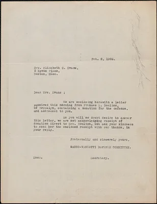 Sacco-Vanzetti Defense Committee typed letter (copy) to Elizabeth G[lendower] Evans, [Boston, Mass.], February 8, 1926