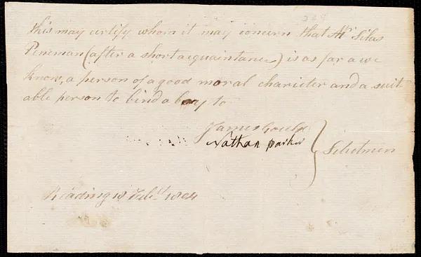 John Lewis Bodge indentured to apprentice with Silas Penniman of Reading, 21 February 1804