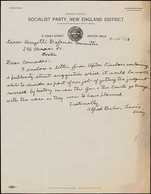 Alfred Baker Lewis (Socialist Party, New England District) autograph note signed to Sacco-Vanzetti Defense Committee, Boston, Mass., August 15, 1927