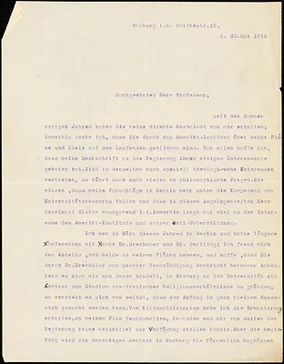 Bornhausen, Karl, b. 1882 typed letter signed to Hugo Münsterberg, Marburg, Ger., 30 May 1912