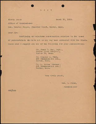 George M. Kline typed letter to Webster Thayer, March 30, 1923