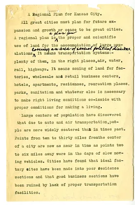 Speech Draft by Judge Harry S. Truman, A Regional Plan for Kansas City