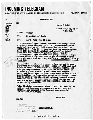 Telegram from Lincoln MacVeagh to Secrertary of State James Byrnes