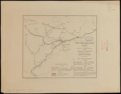 Comparative map of distances between Paris & Cologne, and likewise between Dover and Cologne