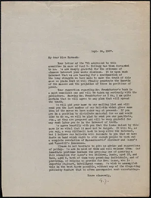 [Gardner Jackson] typed letter to Miss [Mildred] Harnack, [Boston, Mass.], September 24, 1927