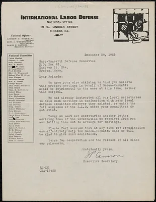 James P. Cannon (International Labor Defense) typed letter signed to Sacco-Vanzetti Defense Committee, Chicago, Ill., December 29, 1925