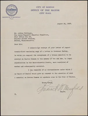 Frederick W. Mansfield (City of Boston. Office of the Mayor) typed letter signed to Aldino Felicani, Boston, Mass., August 24, 1937