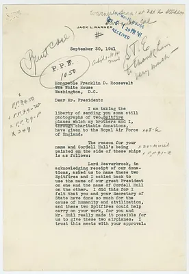 Letter, Jack Warner to Franklin Roosevelt
