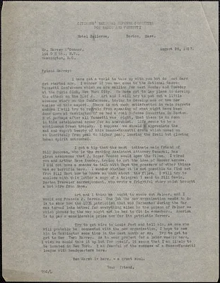 [Thomas O'Connor, Citizens National Committee for Sacco and Vanzetti] typed letter (copy) to Harvey O'Connor, Boston, Mass., August 25, 1927