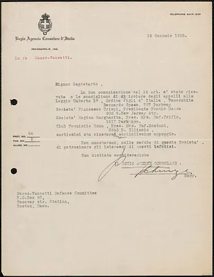Regia Agenzia Consolare d'Italia typed letter signed, in Italian, to Sacco-Vanzetti Defense Committee, Indianapolis, Ind., January 16, 1925