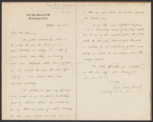 Herbert Brutus Ehrmann Papers, 1906-1970. Sacco-Vanzetti.  Oliver Wendell Holmes, Jr. ALS of James Henry Rowe, Jr., secretary to Oliver Wendell Holmes, Jr., to HBE, Oct. 29, 1934. Box 3, Folder 9, Harvard Law School Library, Historical & Special Collections