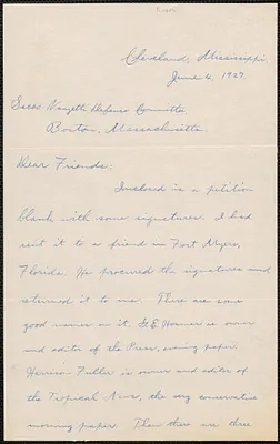 Frederic W. Raper autograph letter signed to Sacco-Vanzetti Defense Committee, Cleveland, Miss., June 4, 1927