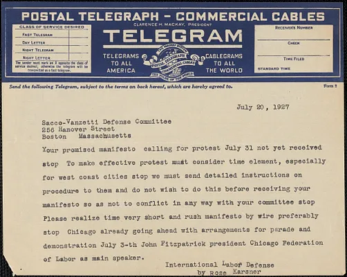Rose Karsner (International Labor Defense) telegram to Sacco-Vanzetti Defense Committee, [Chicago, Ill.], July 20, 1927
