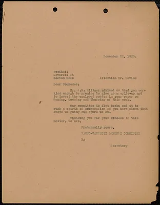 Sacco-Vanzetti Defense Committee typed letter (copy) to Mr. Levine (Freiheit), Boston, Mass., December 22, 1923