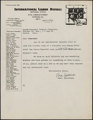 Rose Karsner (International Labor Defense) typed note signed to Sacco-Vanzetti Defense Committee, Chicago, Ill., April 29, 1927