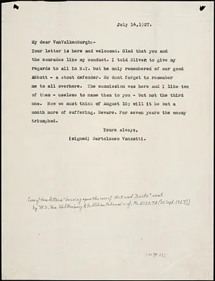 Bartolomeo Vanzetti typed note (copy) to Warren Starr Van Valkenburgh, [Charlestown], 14 July 1927