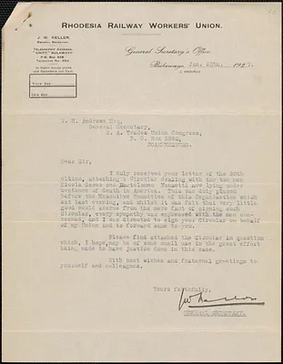 J. W. Keller (Rhodesia Railway Workers' Union) typed letter signed to W. H. Andrews (S. A. Trades Union Congress), Bulawayo, S. Rhodesia, January 20, 1927