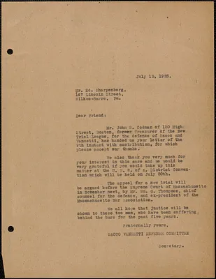 Sacco-Vanzetti Defense Committee typed letter (copy) to Ed Sharbenberg, Boston, Mass., July 15, 1925
