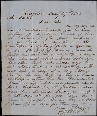 A. J. McElveen, Kingstree, S.C., autograph letter signed to Ziba B. Oakes, 29 May 1854