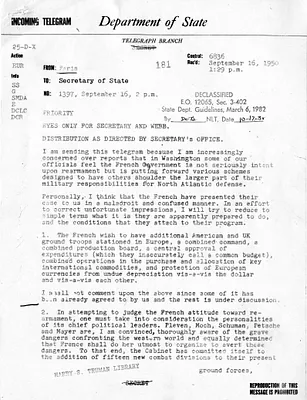 Telegram from Ambassador David Bruce to Secretary of State Dean Acheson