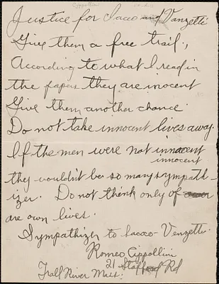 Romeo Cippollini autograph note signed, Fall River, Mass., approximately [1921-1927]