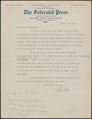 Art Shields (The Federated Press) typed letter signed to Amleto Fabbri, New York, N.Y., October 23, 1925
