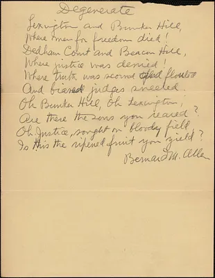 Bernard M. Allen autograph poem, "Degenerate", [Cheshire, Conn., 1921-1927]