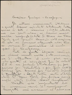 [Mario?] Baldini autograph letter signed, in Italian, to Felice Guadagni and compagni, Brooklyn, New York, [June 1924]