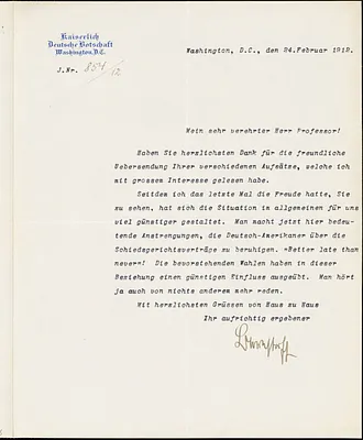 Bernstorff, Johann Heinrich, Graf von, 1862-1939 typed letter signed to Hugo Münsterberg, Washington, D.C., 24 February 1912