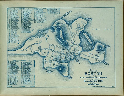 Plan of Boston showing existing ways and owners on December 25, 1635