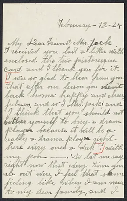 Sacco-Vanzetti Case Records, 1920-1928. Correspondence. Nicola Sacco to Mrs. Cerise Jack, February 12, 1924. Box 38, Folder 53, Harvard Law School Library, Historical & Special Collections