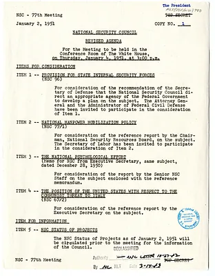 Revised Agenda for the Seventy-Seventh Meeting of the National Security Council