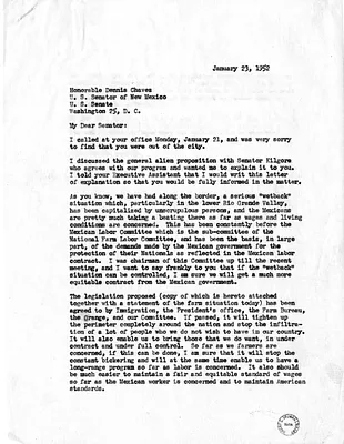 Letter from H. S. Casey Abbott to Senator Dennis Chavez