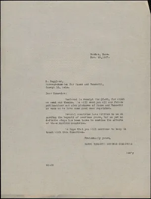 Mary Donovan (Sacco-Vanzetti Defense Committee) typed letter signed to N. Heggland (Forsvarskomtien for Sacco-Vanzetti), Boston, Mass., November 19, 1927