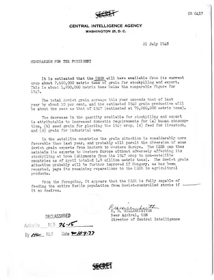 Memorandum from Rear Admiral R. H. Hillenkoetter to President Harry S. Truman
