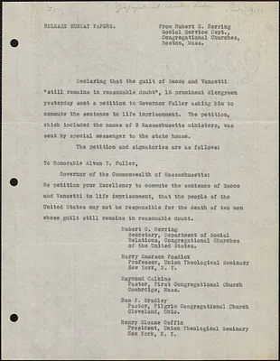 Hubert C. Herring (Congregational Churches) press release, Boston, Mass., [July? 1927]