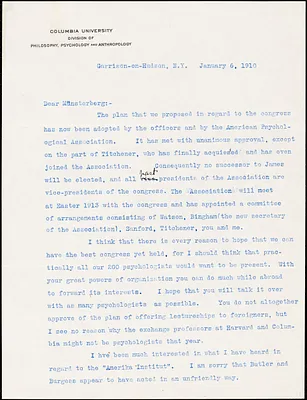 Cattell, James McKeen, 1860-1944 typed letter signed to Hugo Münsterberg, Garrison-on-Hudson, 6 January 1910