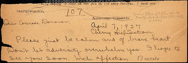 Bartolomeo Vanzetti manuscript note signed (copy) to Mary Donovan, [Charlestown], 7 April 1927