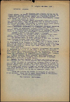 Bartolomeo Vanzetti typed letter (copy) to Luigia Vanzetti, [Charlestown], 11 July 1926