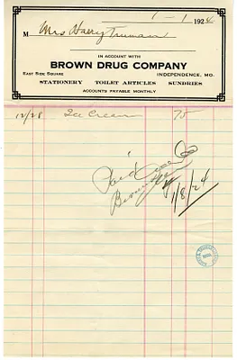 Bill from Brown Drug Store for Bess W. Truman