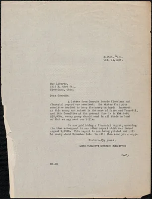 Mary Donovan (Sacco-Vanzetti Defense Committee) typed letter (copy) to Guy Liberty, Boston, Mass., October 14, 1927