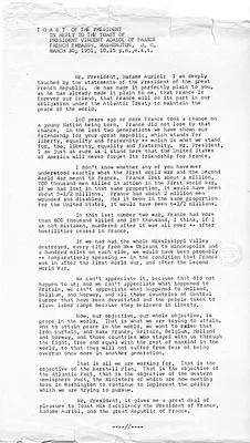 Press Release, Toast of President Harry S. Truman in Reply to the Toast by President of the French Republic Vincent Auriol