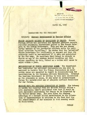 Memorandum from Secretary of State Edward Stettinius to President Harry S. Truman, Current Developments in Foreign Affairs
